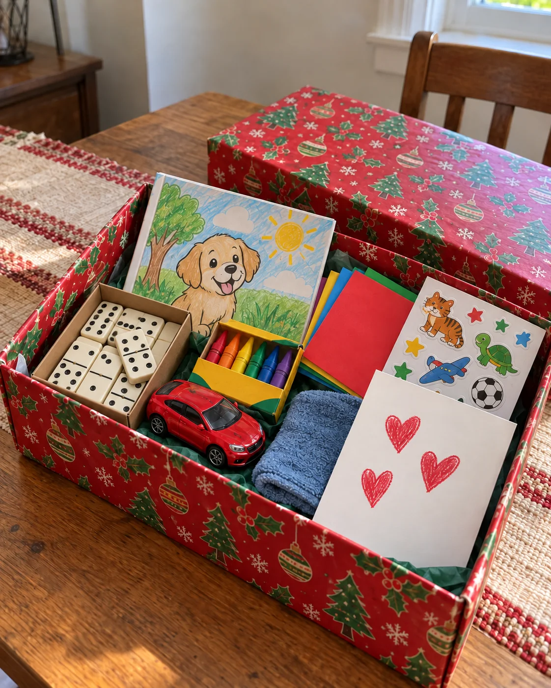 Caja de zapatos forrada con papel navideño rojo, con un libro para colorear, crayones, un carrito, un dominó, una toallita, stickers y una tarjeta con corazones
