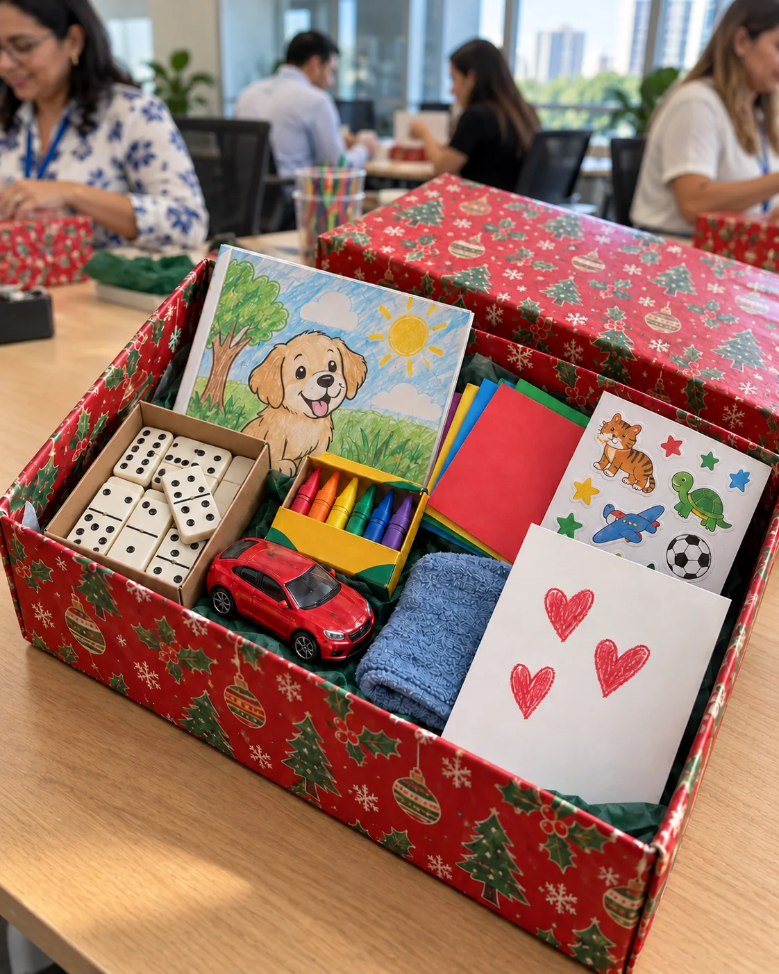 Caja de Navidad en una Caja sobre un escritorio de oficina mientras un equipo arma más cajas al fondo