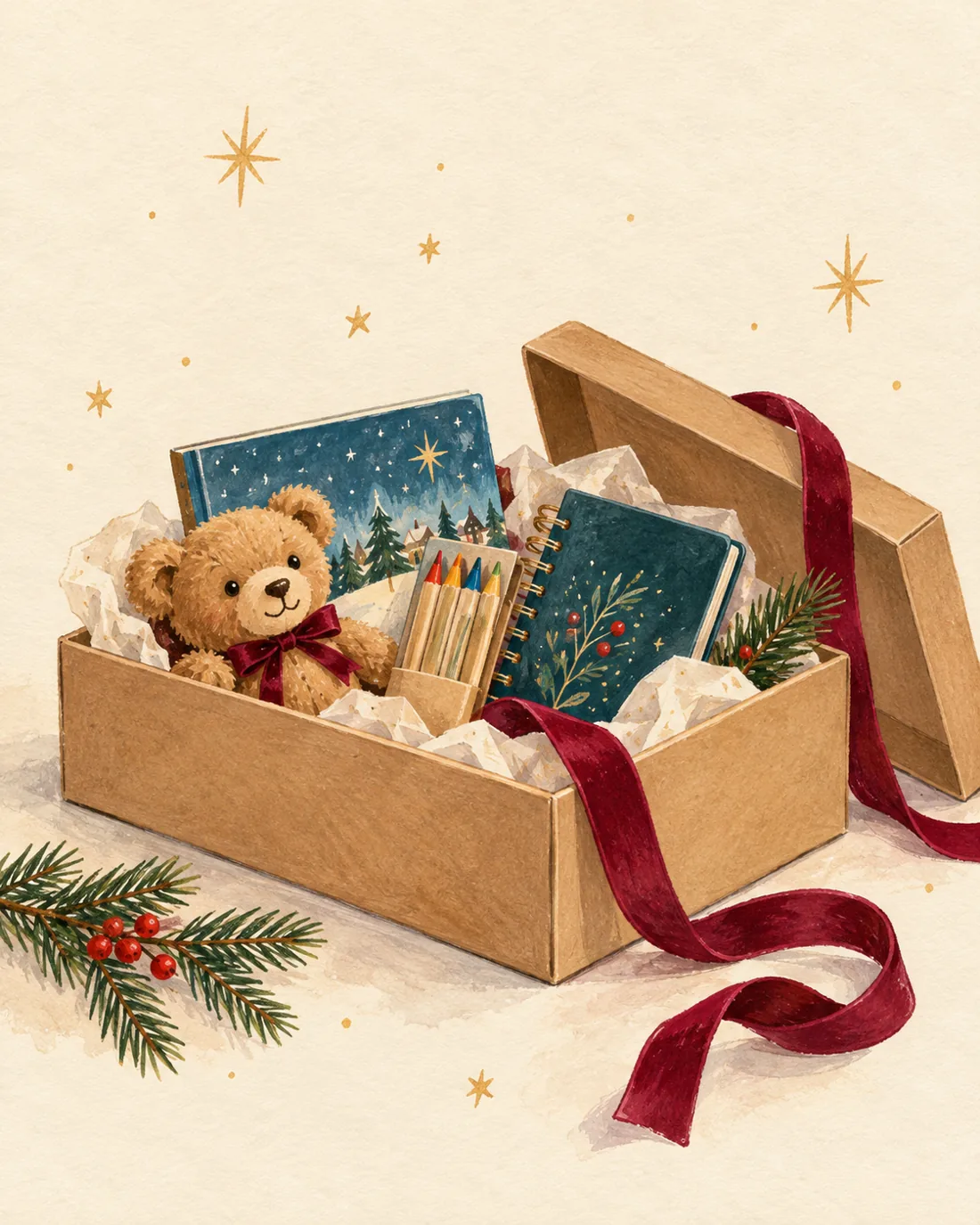 Ilustración de una caja de zapatos con un oso de peluche, un libro, colores y un cuaderno